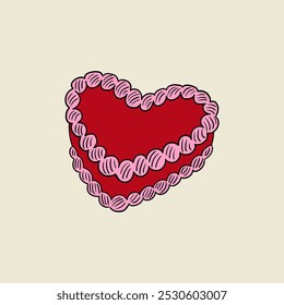 Vector outline illustration of heart shaped red cake. Holiday birthday, valentines day clipart
