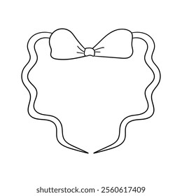 Vector outline illustration of heart shaped wavy outline bow in coquette aesthetic. Greeting card template with hand drawn ribbon. Holiday clipart in vintage sketch style