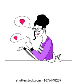 Vector outline illustration of a hipster girl flirting on the phone in modern style. Mobile dating. Together at a distance. Vector contour illustration for your creativity.