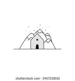 Vector outline illustration of house in mountains. 