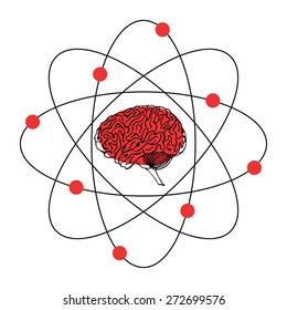 Vector outline illustration of human brain inside atom structure on white background. Science and education concept idea.