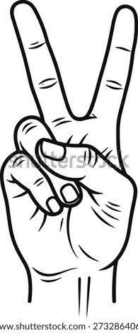 Vector Outline Illustration of a Human Hand Showing the Peace Sign with Two Fingers Extended on White Background,