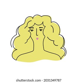 Vector outline illustration isolated on white background  portrait of woman with yellow spot and pink lips
