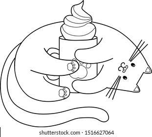 vector outline illustration of kawaii cute funny cartoon cat huging a coffe cup with cream isolated on transparent background. Coloring page.