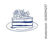 Vector outline illustration of a layered cake slice decorated with blooming roses, placed on a serving plate. Line art style, perfect for bakery branding, invitations, and packaging.