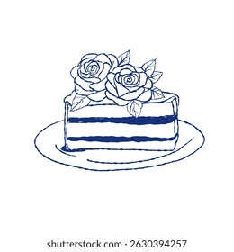 Vector outline illustration of a layered cake slice decorated with blooming roses, placed on a serving plate. Line art style, perfect for bakery branding, invitations, and packaging.