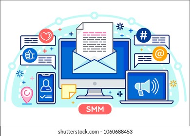 Vector outline illustration in line flat style. Social Media Marketing and purchasing, Email analysis and statistics. Modern and simplified concept walkthrough screens template for PC and mobile apps.