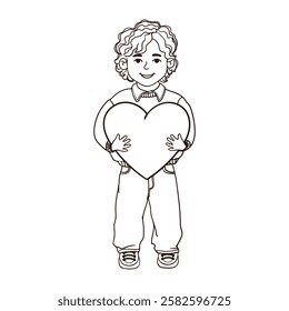 Vector Outline Illustration of a Little Boy Holds a Heart-Shaped Picture Isolated on White Background
