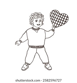 Vector Outline Illustration of a Little Boy Holds a Heart-Shaped Picture Isolated on White Background