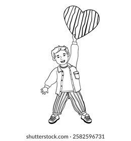Vector Outline Illustration of a Little Boy Holds a Heart-Shaped Picture Isolated on White Background