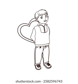 Vector Outline Illustration of a Little Boy Holds a Heart-Shaped Picture Behind His Back Isolated on White Background
