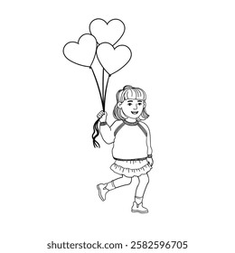 Vector Outline Illustration of a Little Girl Walks with Heart-Shaped Balloons Isolated on White Background