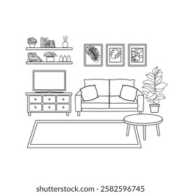 Vector Outline Illustration of a Living Room Isolated on White Background