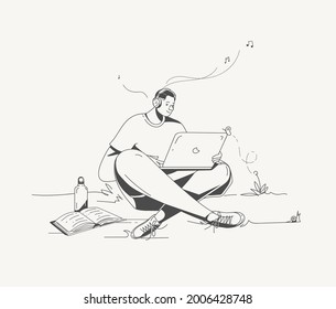 Vector outline illustration of the man character sitting with a laptop in hands. Flat minimalistic style, line art