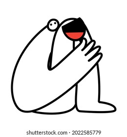 Ilustración del contorno vectorial con un hombre sujetando un vaso de vino tinto. Diseño de impresión simple, plantilla de afiches de moda
