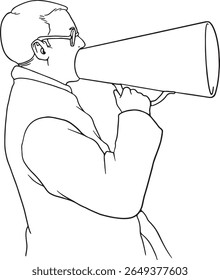 Vector outline illustration of a man speaking into a megaphone. Represents announcement, protest, communication, promotion, or leadership. Simple black and white line art.