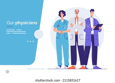 Vector outline illustration of a medical personnel, health workers, hospital physicians. Editable stroke, global swatches.