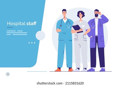 Vector outline illustration of a medical personnel, health workers, hospital physicians. Editable stroke, global swatches.