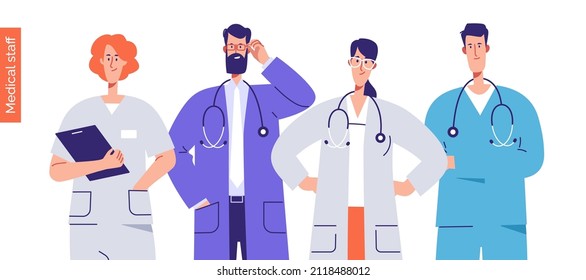 Vector outline illustration of a medical personnel, health workers, hospital physicians. Editable stroke, global swatches.