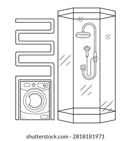 Vector outline illustration of a modern bathroom interior featuring a shower enclosure, bathroom cabinet, and washing machine. 0196