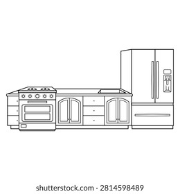 Vector outline illustration of modern kitchen base cabinets with a countertop, sink, refrigerator, and freestanding oven. 060