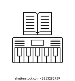 Vector outline illustration of a music book open on top of a piano keyboard.