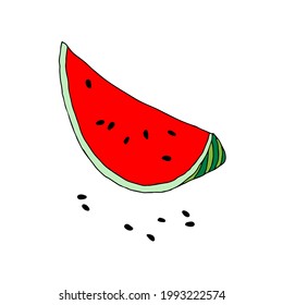 A Vector outline illustration of one red and green slice fresh watermelon with black seeds isolated on a white background