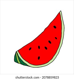The Vector outline illustration of one red and green slice fresh watermelon with black seeds isolated on a white background
