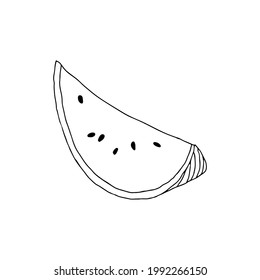 Eine Vektorgrafik, die eine einzelne Scheibe frischer Wassermelone mit schwarzen Samen einzeln auf weißem Hintergrund zeigt