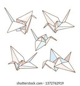 Vector Outline Illustration Of The Origami Paper Crane Bird. Set, Collection