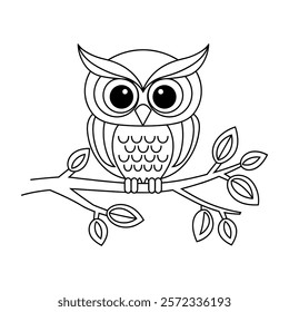 Vector outline illustration of owl on branch, black line, coloring