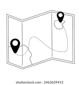 Vector outline illustration of paper map with route. Folded map icon. Travel concept. Element for print, banner, card, brochure, logo