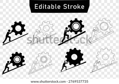Vector outline illustration people pushing gear on incline, worker silhouette, editable stroke, line art graphics.