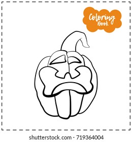 Vector outline illustration of a pumpkin lantern for Halloween with emotion on a white background