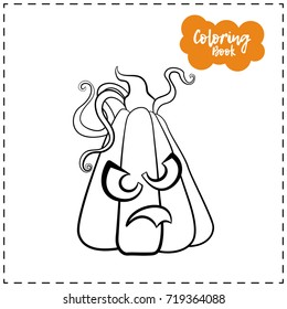 Vector outline illustration of a pumpkin lantern for Halloween with emotion on a white background