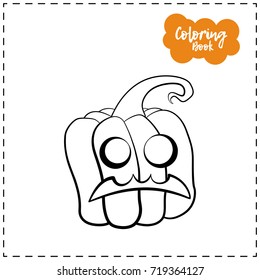 Vector outline illustration of a pumpkin lantern for Halloween with emotion on a white background