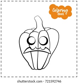 Vector outline illustration of a pumpkin lantern for Halloween with emotion on a white background