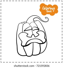 Vector outline illustration of a pumpkin lantern for Halloween with emotion on a white background