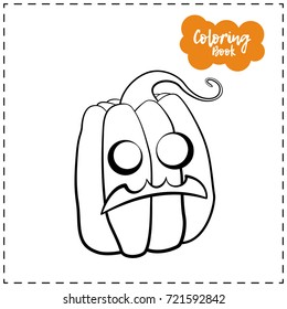 Vector outline illustration of a pumpkin lantern for Halloween with emotion on a white background
