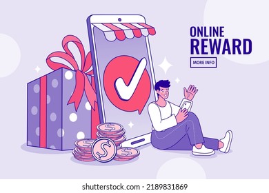 Vector outline illustration. Quarantine. man shopping online. Supermarket. Order food online. App on mobile phone. Buy at Home. Fresh Groceries. Food Delivery. Smartphone marketing and e-commerce.