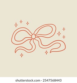 Vector outline illustration of quirky wavy bow and stars. Hand drawn whimsical ribbon in retro coquette aesthetic