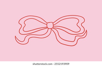 Vector outline illustration of quirky wavy bow. Hand drawn whimsical ribbon in retro coquette aesthetic