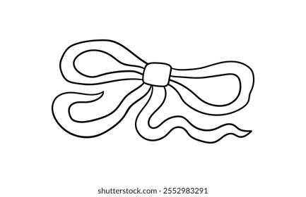 Vector outline illustration of quirky wavy bow. Hand drawn whimsical ribbon in retro coquette aesthetic