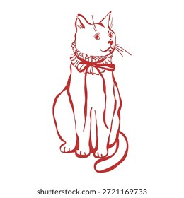 Vector ilustración del contorno de un gato aristocrático realista con un lazo en el cuello. El gato lleva un traje vintage. Clipart rojo lineal