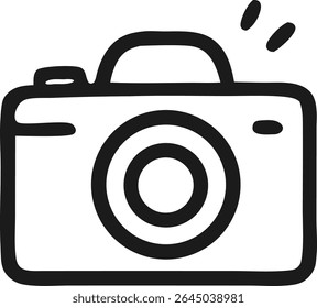 Ilustração em contorno vetorial de uma câmera fotográfica retrô, um símbolo para fotografia de viagem, capturando memórias e instantâneos de férias.