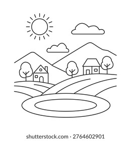 Vector outline illustration of a rural landscape with rolling hills houses trees sun and clouds simple minimalist drawing representing countryside serenity.