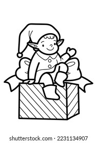 Vector outline illustration of Santa's elf sitting on a gift box isolated on a white background. Coloring page with a Christmas symbol for the design of a children's book.