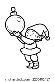 Vector outline illustration of Santa's elf with decoration for Christmas tree isolated on a white background. Coloring page with a New Year symbol for the design of a children's book.