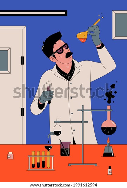 Vector outline illustration of a scientist
with chemical flask in
laboratory.