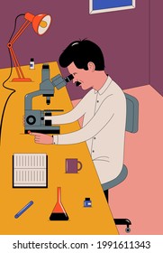 Vector outline illustration of a scientist with microscope in laboratory.